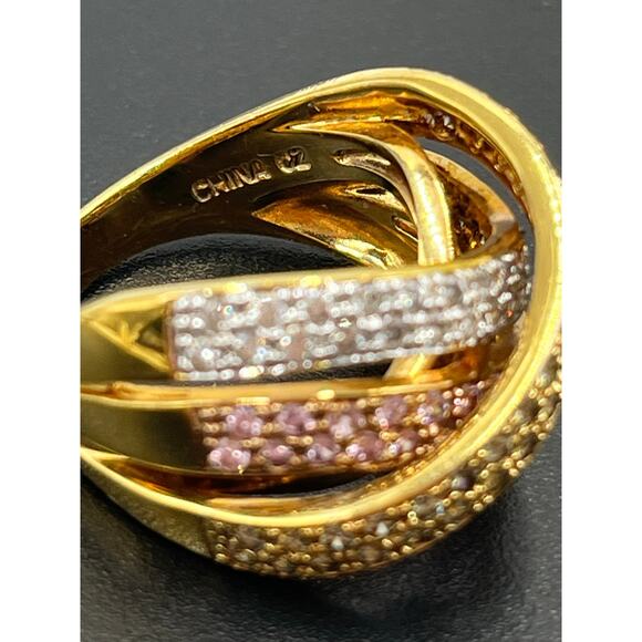 Ross Simon Sterling Three Pave Pink Yellow Clear Cross Over Highway Ring 8.25 - Picture 5 of 10